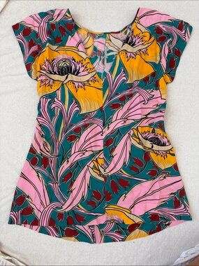 Marni Floral Scoop Neck Tunic in Teal, Pink & Yellow